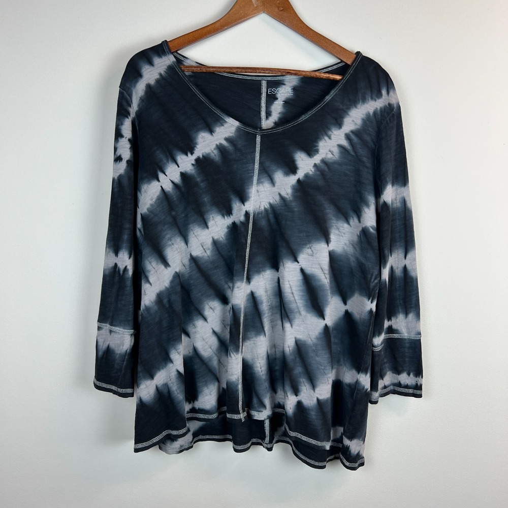 Escape‎ by Habitat Top XL Black Navy Tie Dye 3/4 Sleeve Cotton Beach Boho Hippie
